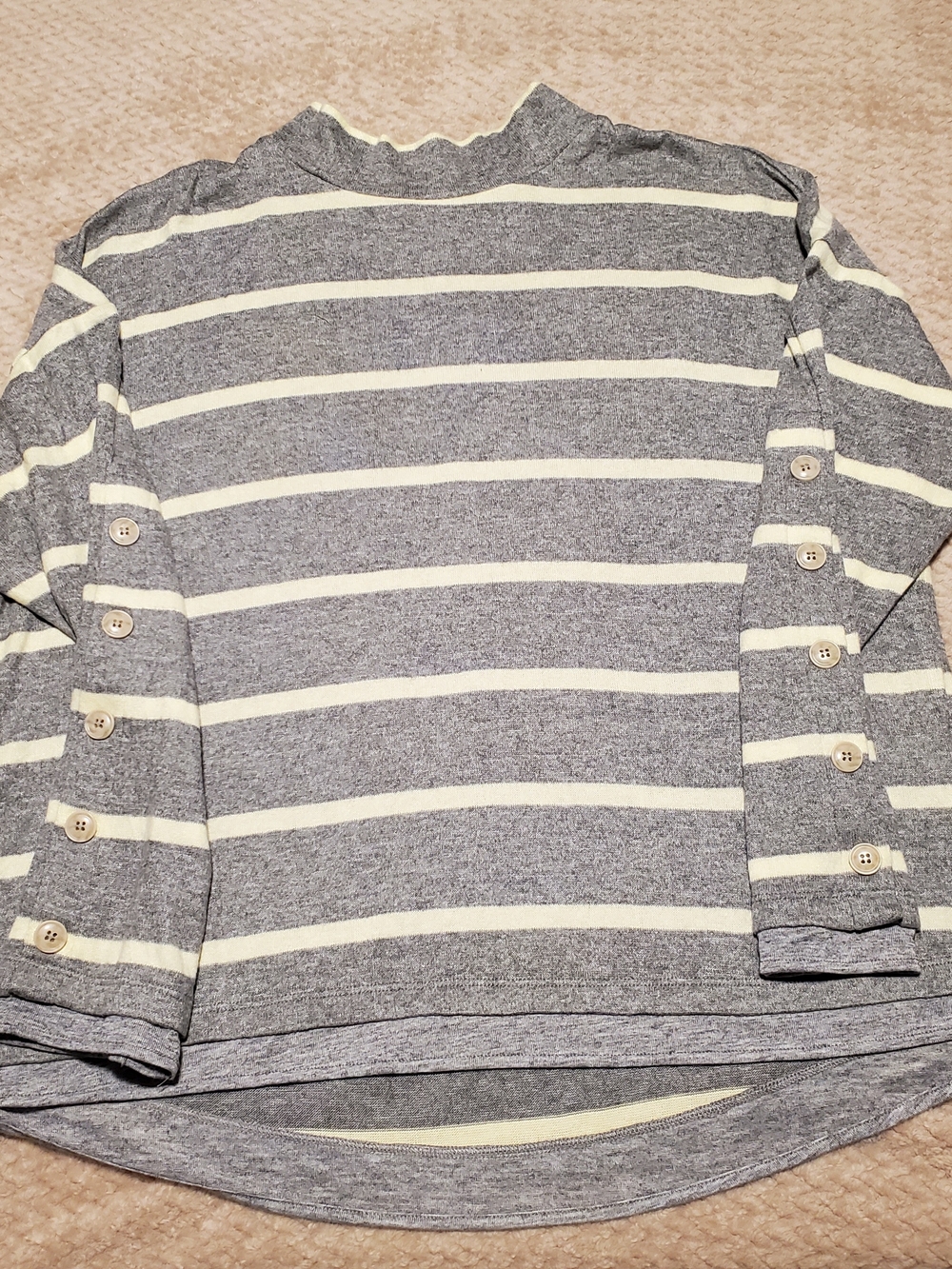 Skies Are Blue Gray and Cream Striped Crewneck Sweater with Button Cuffs